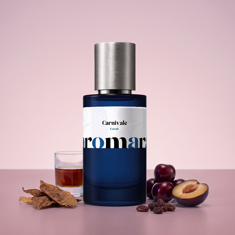 Carnivale by Aromara on a pale blush mauve to dark cherry rose background with tobacco leaves, a glass of dark rum, cherries, a plum and raisins. 35% Extrait, inspired by Maison Crivelli Tobacco Carnaval.
