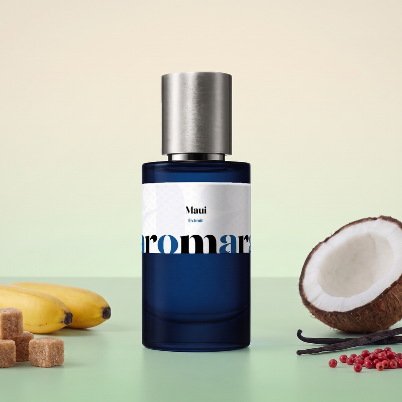 Maui by Aromara on a pale coconut cream to palm-leaf green background with bananas, brown sugar cubes, a coconut, vanilla pods and pink peppercorns. 35% Extrait, inspired by Kayali Maui Sweet Banana 37.