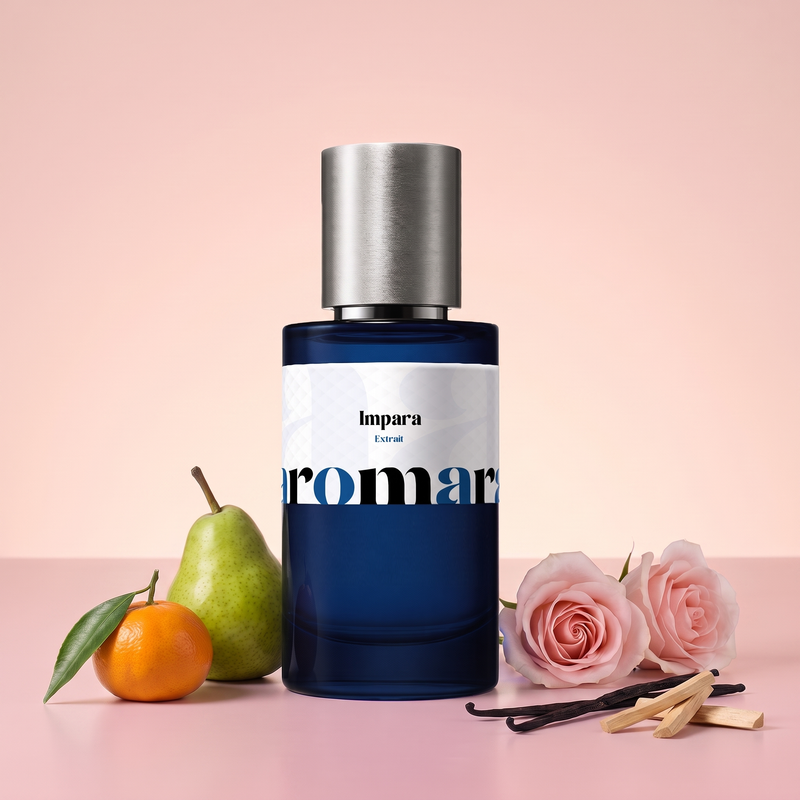 Impara by Aromara on a pale peach blush to soft rose pink background with a pear, a mandarin, pink roses, vanilla pods and sandalwood. 35% Extrait, inspired by BDK Parfums Impadia.