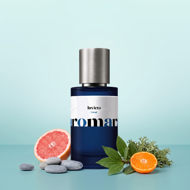 Invicto by Aromara on a pale ice aqua to soft ocean teal background with a halved pink grapefruit, sea pebbles, bay leaves, a halved mandarin and oakmoss. 35% Extrait, inspired by Paco Rabanne Invictus.