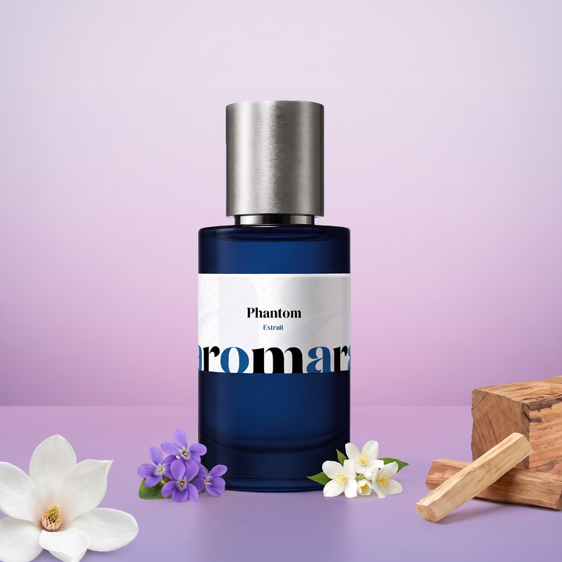 Phantom by Aromara on a pale ghost lilac to soft violet mauve background with a white magnolia, violets, jasmine flowers, sandalwood and cedar wood. 35% Extrait, inspired by Byredo Mojave Ghost.