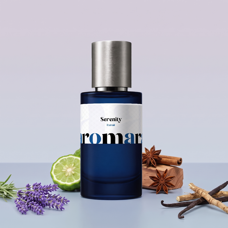 Serenity by Aromara on a pale misty lilac grey to soft dove blue-grey background with lavender, a halved bergamot, cedarwood, star anise and cinnamon, vetiver roots and vanilla pods. 35% Extrait, inspired by Initio Rehab.