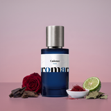 Cadence by Aromara on a pale smoky mauve to rosewood plum background with a dark red rose, oud wood, saffron threads, bergamot and patchouli leaves. 35% Extrait, inspired by Maison Crivelli Oud Cadenza.
