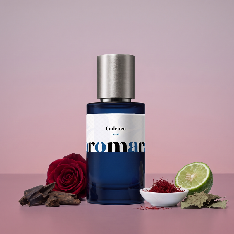 Cadence by Aromara on a pale smoky mauve to rosewood plum background with a dark red rose, oud wood, saffron threads, bergamot and patchouli leaves. 35% Extrait, inspired by Maison Crivelli Oud Cadenza.