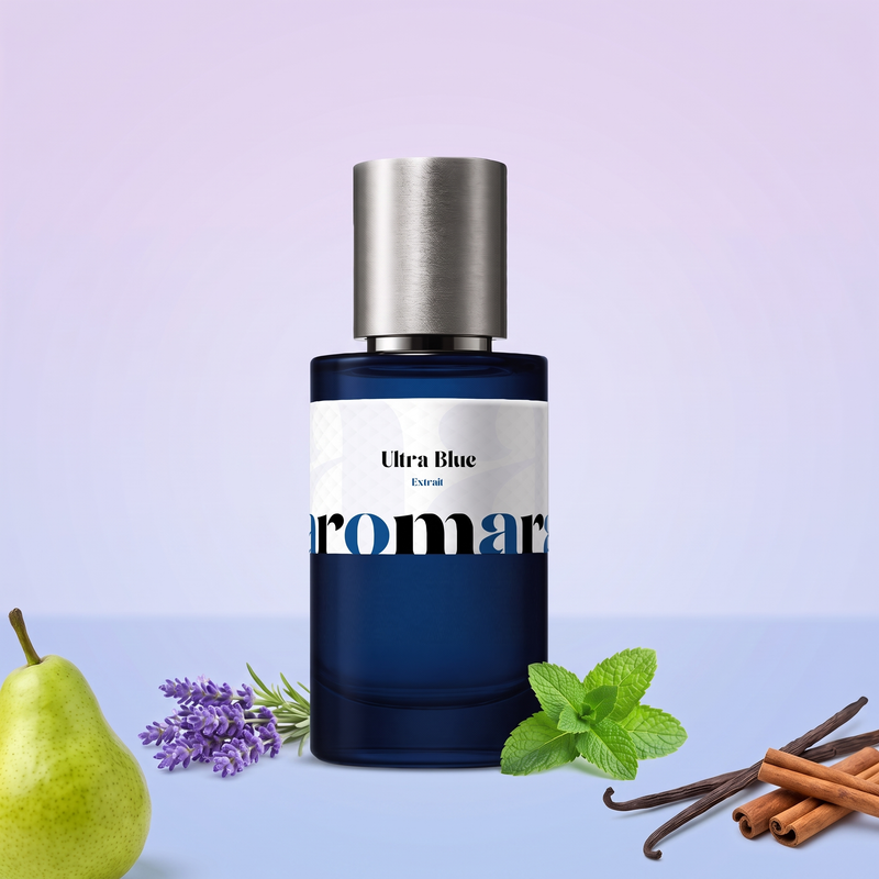 Ultra Blue by Aromara on a pale ice lavender to soft hyacinth blue background with a green pear, lavender, fresh mint, vanilla pods and cinnamon sticks. 35% Extrait, inspired by Jean Paul Gaultier Ultra Male.