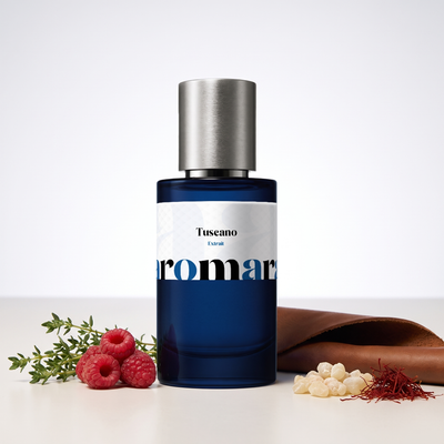 Tuscano 35% Extrait perfume by Aromara, inspired by Tom Ford Tuscan Leather. Raspberry, saffron, thyme, leather, olibanum, suede. UK-made dupe, 7+ hour wear.
