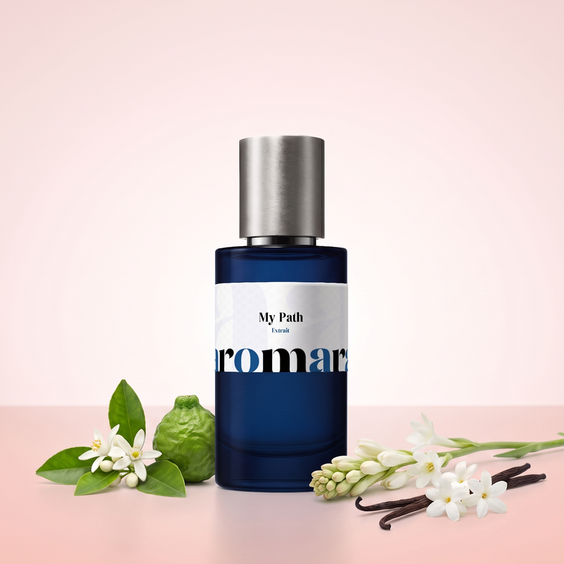 My Path by Aromara on a pale porcelain white to peach blossom pink background with orange blossom, bergamot, tuberose, jasmine and vanilla pods. 35% Extrait, inspired by Armani My Way.
