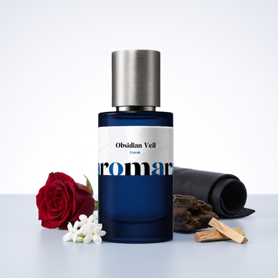 Obsidian Veil 35% Extrait perfume by Aromara, inspired by Guerlain Santal Royal. Jasmine, rose, leather, oud, sandalwood. UK-made dupe, 7+ hour wear.