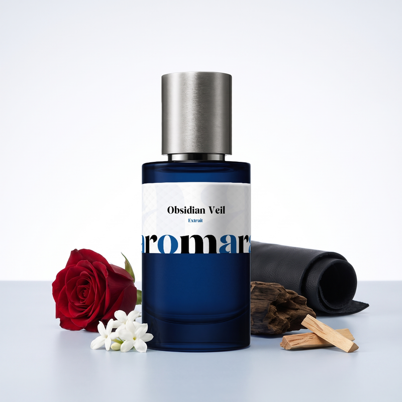 Obsidian Veil 35% Extrait perfume by Aromara, inspired by Guerlain Santal Royal. Jasmine, rose, leather, oud, sandalwood. UK-made dupe, 7+ hour wear.