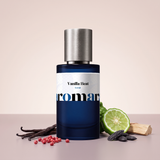 Vanilla Heat by Aromara on a pale blush cream to soft dusty rose taupe background with vanilla pods, pink peppercorns, a halved bergamot, tonka beans and sandalwood. 35% Extrait, inspired by Tom Ford Vanilla Sex.