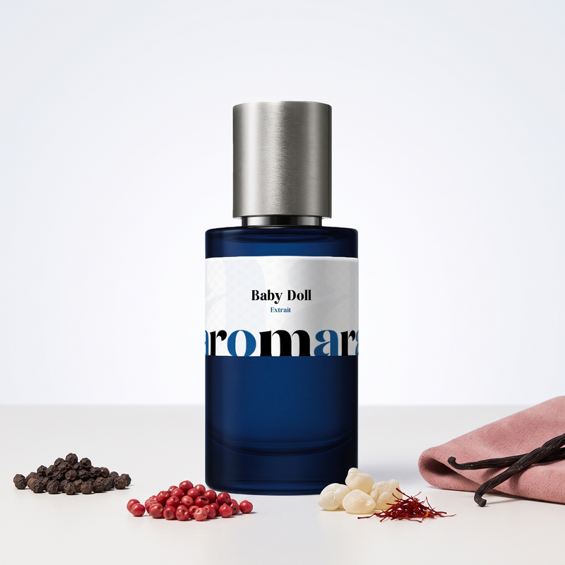 Baby Doll 35% Extrait perfume by Aromara, inspired by Yves Saint Laurent Baby Cat. Black pepper, pink pepper, frankincense, saffron, vanilla, suede. UK-made dupe, 7+ hour wear.
