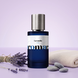Lavandin by Aromara on a pale lavender mist to soft French lavender background with a lavender bundle, loose lavender sprigs, grey pebbles and soft cream cashmere. 35% Extrait, inspired by Matière Première Metal Lavender.
