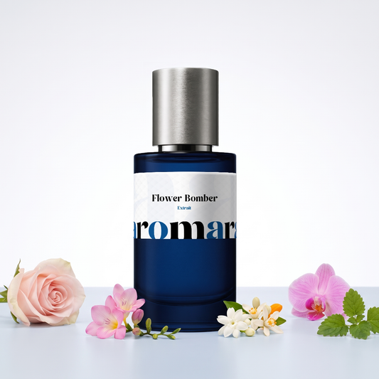 Flower Bomber 35% Extrait perfume by Aromara, inspired by Viktor & Rolf Flowerbomb. Jasmine sambac, orange blossom, freesia, rose, orchid, patchouli. UK-made dupe, 7+ hour wear.
