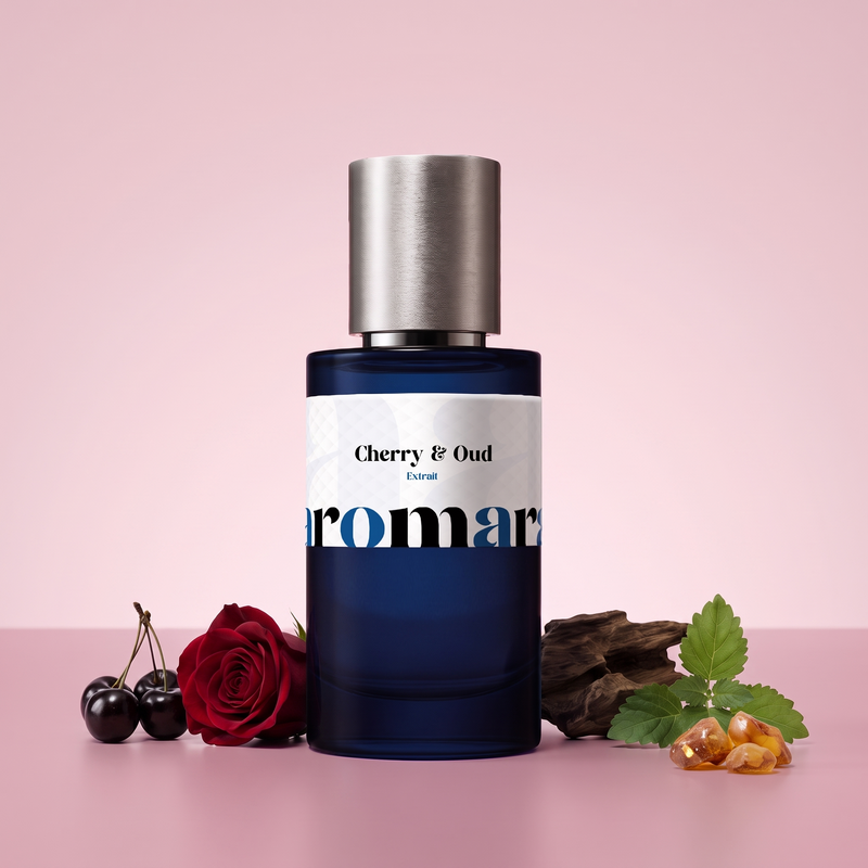 Cherry & Oud by Aromara on a pale cherry blossom pink to black-cherry rose background with black cherries, a red rose, oud wood, patchouli leaves and amber resin. 35% Extrait, inspired by Guerlain Cherry Oud.