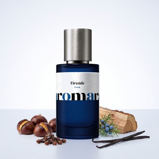 Fireside 35% Extrait perfume by Aromara, inspired by Maison Margiela By the Fireplace. Clove, chestnut, guaiac wood, juniper, vanilla. UK-made dupe, 7+ hour wear.