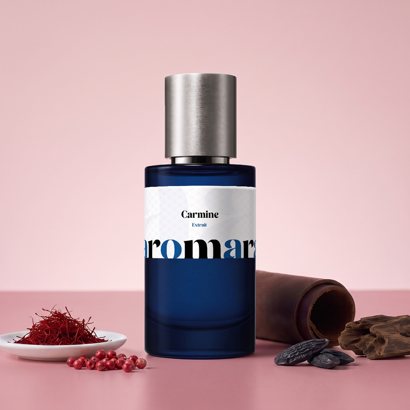 Carmine by Aromara on a pale rose blush to carmine raspberry pink background with saffron threads, pink peppercorns, dark leather, oud wood and tonka beans. 35% Extrait, inspired by Born to Stand Out Drunk Saffron.