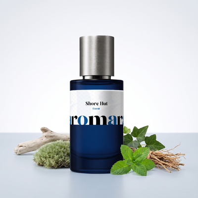 Shore Hut 35% Extrait perfume by Aromara, inspired by Amouage Beach Hut Man. Mint, ivy, moss, vetiver, dry woods. UK-made dupe, 7+ hour wear.