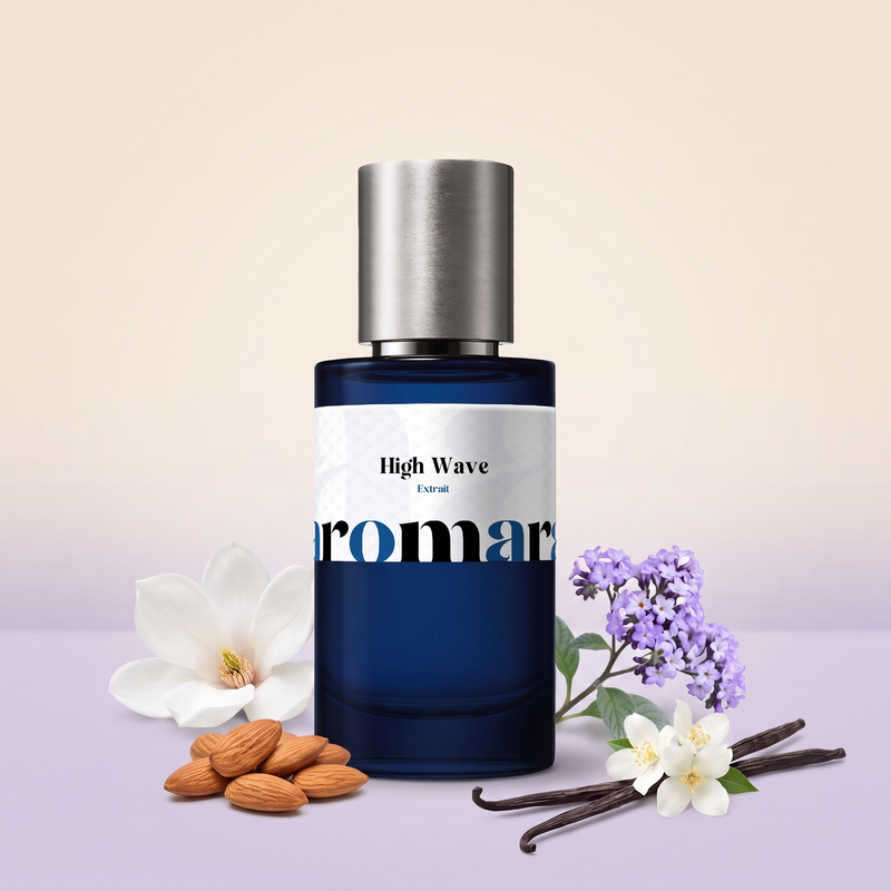High Wave by Aromara on a pale almond cream to heliotrope lilac background with a magnolia flower, almonds, jasmine, heliotrope and vanilla pods. 35% Extrait, inspired by Initio High Frequency.
