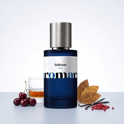 Delirium 35% Extrait perfume by Aromara, inspired by Initio Narcotic Delight. Cherry, pink pepper, cognac, tobacco, vanilla. UK-made dupe, 7+ hour wear.