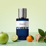 Greenwood by Aromara on a pale celery green to soft fresh leaf green background with a green apple, a halved bergamot, a mandarin, cedarwood and citrus leaves. 35% Extrait, inspired by Parfums de Marly Greenley.