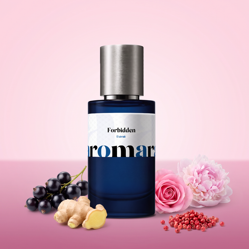 Forbidden by Aromara on a pale petal pink to berry magenta background with blackcurrants, ginger root, a pink rose, a peony and pink peppercorns. 35% Extrait, inspired by Ex Nihilo Lust in Paradise.