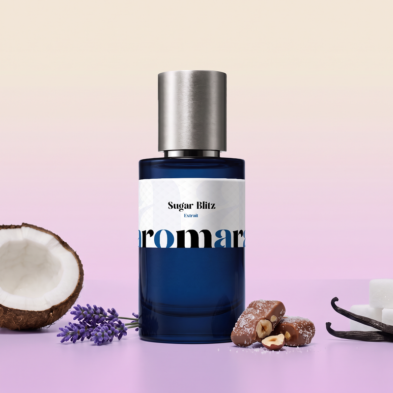 Sugar Blitz by Aromara on a pale coconut cream to soft lavender candy pink background with a halved coconut, lavender, hazelnut praline, vanilla pods and sugar cubes. 35% Extrait, inspired by Initio Sugar Blast.