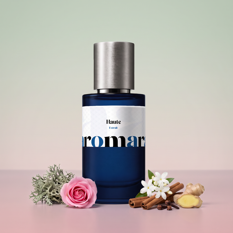 Haute by Aromara on a pale sage mist to soft dusty rose background with oakmoss, a pink rose, jasmine flowers, cinnamon sticks, cloves and ginger root. 35% Extrait, inspired by Roja Parfums Haute Luxe.