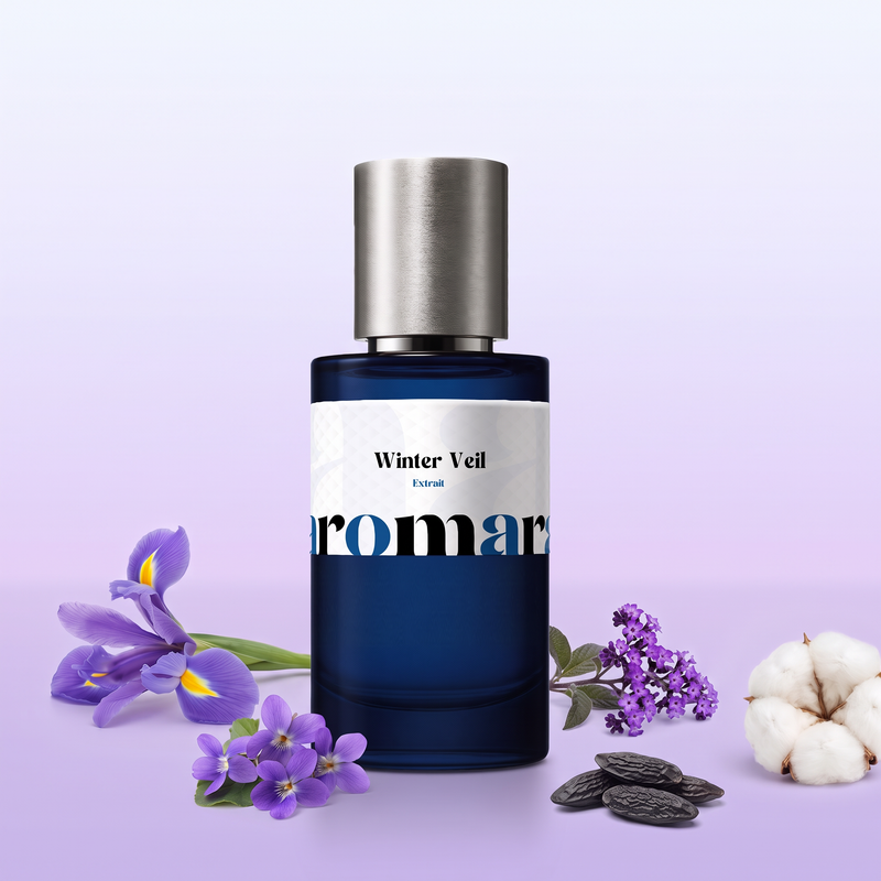 Winter Veil by Aromara on a pale frost white to powder violet background with an iris, violets, heliotrope, tonka beans and a cotton flower. 35% Extrait, inspired by Lorenzo Villoresi Teint de Neige.