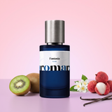 Fantasia by Aromara on a pale candy pink to orchid pink background with kiwis, lychees, jasmine and vanilla pods. 35% Extrait, inspired by Britney Spears Fantasy.