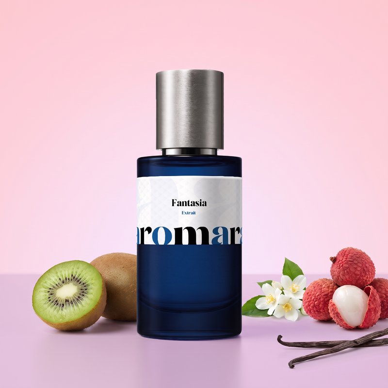 Fantasia by Aromara on a pale candy pink to orchid pink background with kiwis, lychees, jasmine and vanilla pods. 35% Extrait, inspired by Britney Spears Fantasy.