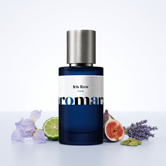 Iris Row 35% Extrait perfume by Aromara, inspired by Creed Iris Debonair. Bergamot, cardamom, lavender, fig, iris pallida. UK-made dupe, 7+ hour wear.