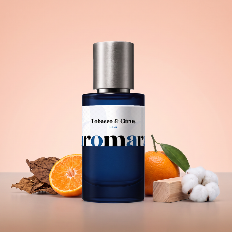 Tobacco & Citrus by Aromara on a pale clementine blush to soft warm tobacco taupe background with tobacco leaves, mandarins, cedarwood and white cotton. 35% Extrait, inspired by Byredo Tobacco Mandarin.