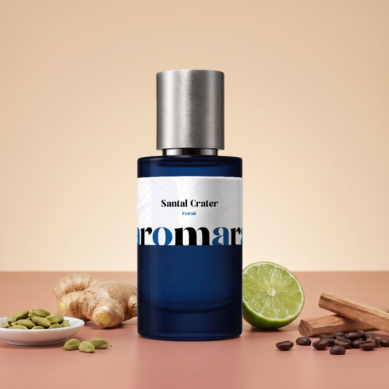 Santal Crater by Aromara on a pale warm sand to soft dusty terracotta background with ginger root, cardamom pods, a halved lime, sandalwood sticks and coffee beans. 35% Extrait, inspired by Santal Volcanique by Maison Crivelli.