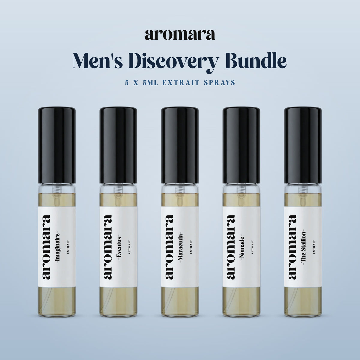 Men's Discovery Bundle by Aromara: pick any 5 x 5ml Extrait sample sprays, shown with Imaginaire, Eventus, Maracuda, Nomade and The Stallion, 35% Extrait perfume