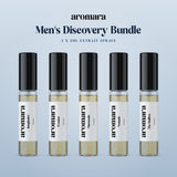 Men's Discovery Bundle by Aromara: pick any 5 x 5ml Extrait sample sprays, shown with Imaginaire, Eventus, Maracuda, Nomade and The Stallion, 35% Extrait perfume