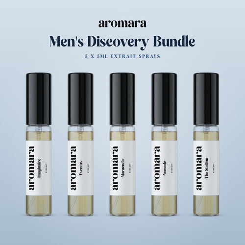 Men's Discovery Bundle by Aromara: pick any 5 x 5ml Extrait sample sprays, shown with Imaginaire, Eventus, Maracuda, Nomade and The Stallion, 35% Extrait perfume