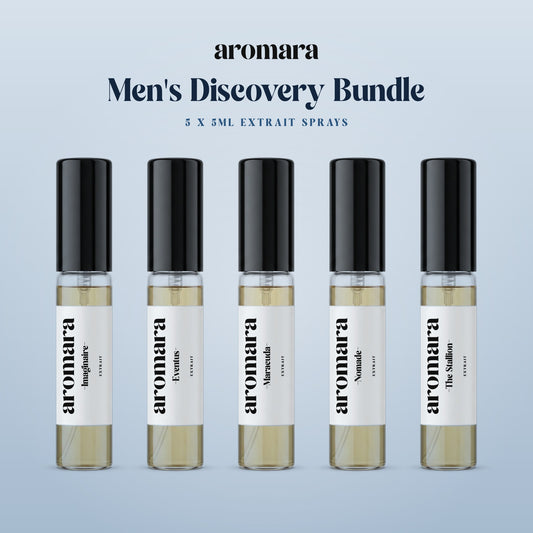 Men's Discovery Bundle by Aromara: pick any 5 x 5ml Extrait sample sprays, shown with Imaginaire, Eventus, Maracuda, Nomade and The Stallion, 35% Extrait perfume