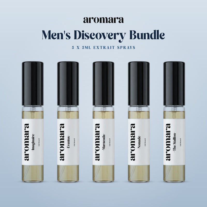Men's Discovery Bundle by Aromara: pick any 5 x 5ml Extrait sample sprays, shown with Imaginaire, Eventus, Maracuda, Nomade and The Stallion, 35% Extrait perfume