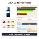 Onyx Code by Aromara fragrance profile card: warm spicy, oud, fresh spicy accords; notes of Black Pepper, Bitter Orange, Neroli, Saffron; 8 hour longevity, Strong sillage; 35% Extrait, 100,000+ bottles sold, free UK shipping.