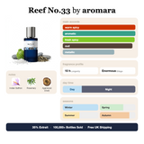 Reef No.33 by Aromara fragrance profile card: warm spicy, aromatic, fresh spicy accords; notes of Indian Saffron, Rosemary, Agarwood; 10 hour longevity, Enormous sillage; 35% Extrait, 100,000+ bottles sold, free UK shipping.