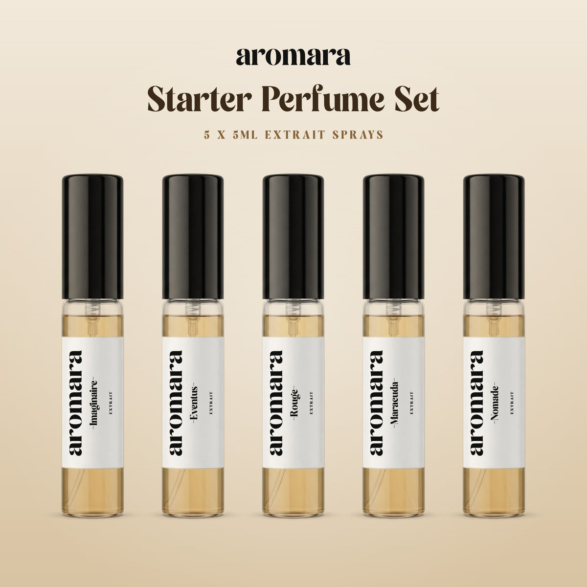 5ml x5 Starter Perfume Set by Aromara: pick any 5 x 5ml Extrait sample sprays, shown with Imaginaire, Eventus, Rouge, Maracuda and Nomade, 35% Extrait perfume