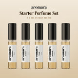 5ml x5 Starter Perfume Set by Aromara: pick any 5 x 5ml Extrait sample sprays, shown with Imaginaire, Eventus, Rouge, Maracuda and Nomade, 35% Extrait perfume