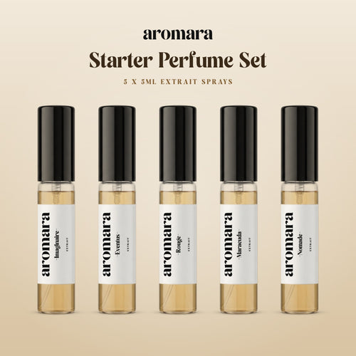 5ml x5 Starter Perfume Set by Aromara: pick any 5 x 5ml Extrait sample sprays, shown with Imaginaire, Eventus, Rouge, Maracuda and Nomade, 35% Extrait perfume