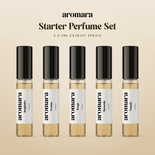 5ml x5 Starter Perfume Set by Aromara: pick any 5 x 5ml Extrait sample sprays, shown with Imaginaire, Eventus, Rouge, Maracuda and Nomade, 35% Extrait perfume