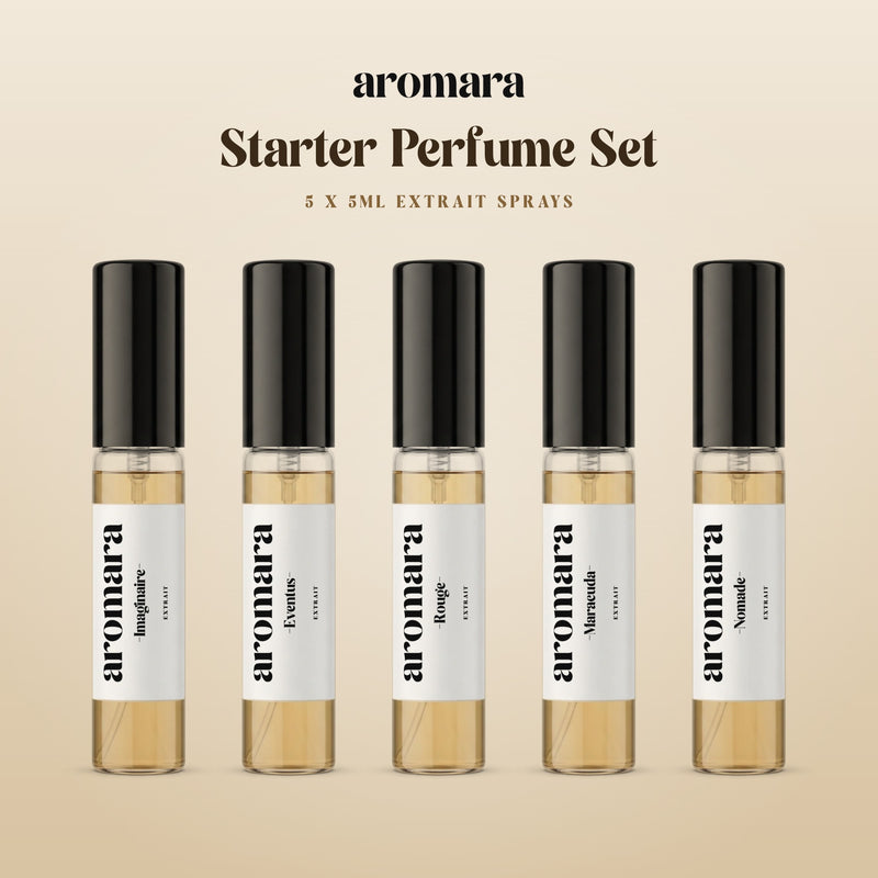 5ml x5 Starter Perfume Set by Aromara: pick any 5 x 5ml Extrait sample sprays, shown with Imaginaire, Eventus, Rouge, Maracuda and Nomade, 35% Extrait perfume