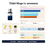 Tidal Mega by Aromara fragrance profile card: musky, marine, fresh accords; notes of Bergamot, Lemon, Seaweed, Calone; 8 hour longevity, Strong sillage; 35% Extrait, 100,000+ bottles sold, free UK shipping.