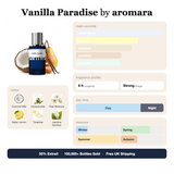 Vanilla Paradise by Aromara fragrance profile card: white floral, vanilla, coconut accords; notes of Coconut Milk, Honeysuckle, Pear Blossom, Italian Lemon; 8 hour longevity, Strong sillage; 35% Extrait, 100,000+ bottles sold, free UK shipping.