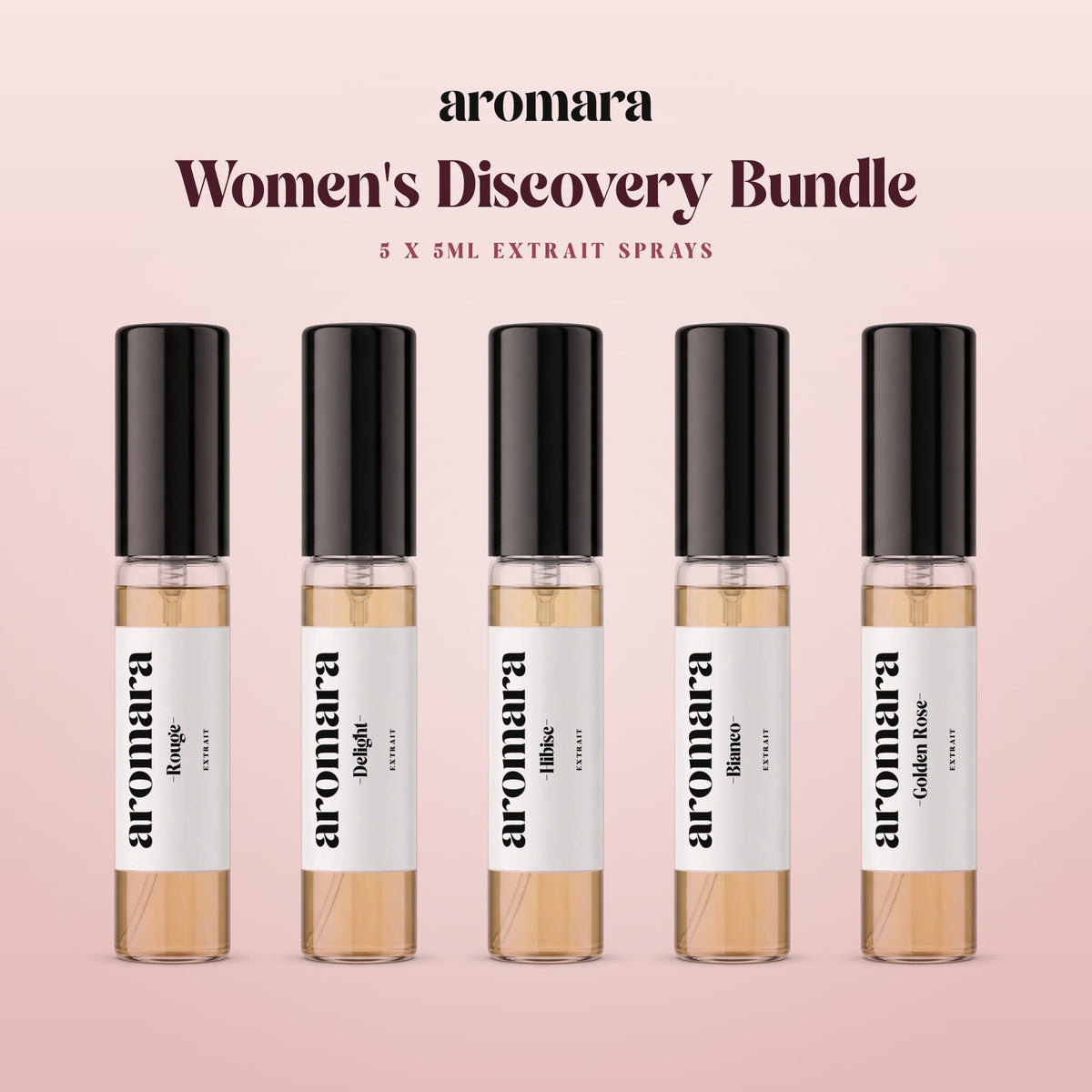 Women's Discovery Bundle by Aromara: pick any 5 x 5ml Extrait sample sprays, shown with Rouge, Delight, Hibisc, Bianco and Golden Rose, 35% Extrait perfume