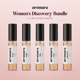 Women's Discovery Bundle by Aromara: pick any 5 x 5ml Extrait sample sprays, shown with Rouge, Delight, Hibisc, Bianco and Golden Rose, 35% Extrait perfume