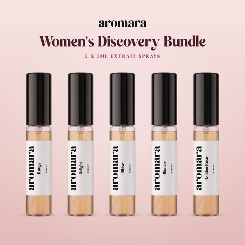 Women's Discovery Bundle by Aromara: pick any 5 x 5ml Extrait sample sprays, shown with Rouge, Delight, Hibisc, Bianco and Golden Rose, 35% Extrait perfume
